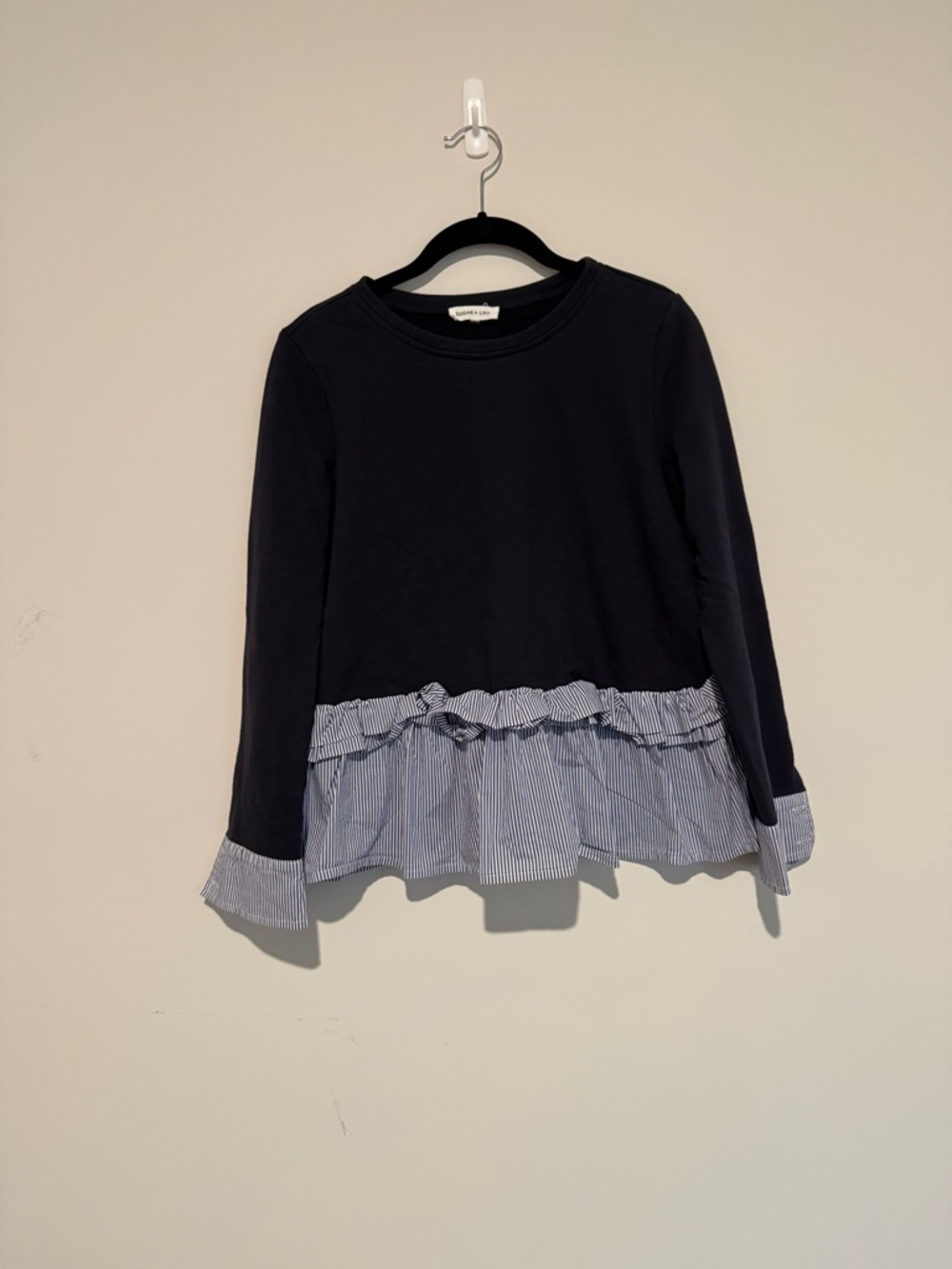 Sugarlips Navy Long-Sleeve Top with Striped Ruffle Hem